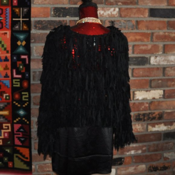 Minkas SHAGGY Black KNIT Ribbon FRINGE CARDIGAN SWEATER XL - Picture 7 of 8